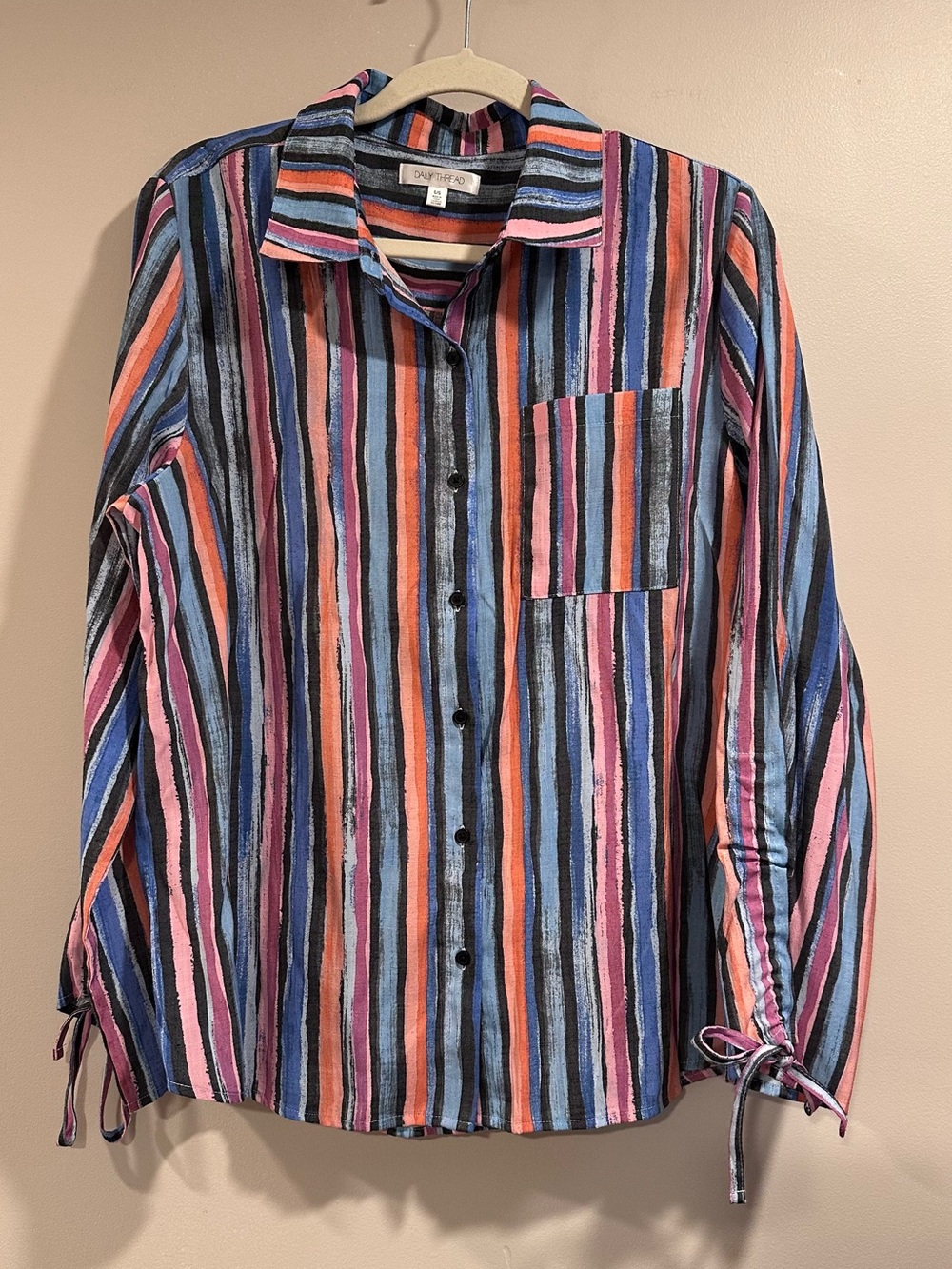 Daily Thread Multicolor Striped Button Down Top Ruched Tie Sleeves Rayon Blend L - Picture 5 of 14